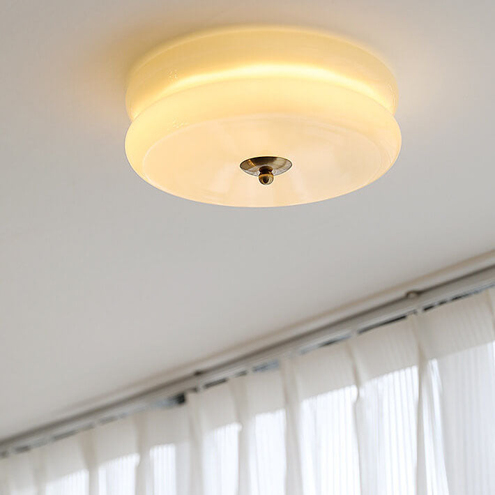 French Minimalist Cream Glass Round LED Flush Mount Ceiling Light