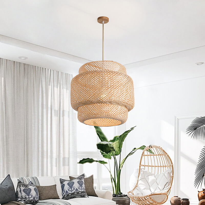 Traditional Japanese Round Bamboo Weaving Column 1-Light Pendant Light For Bedroom