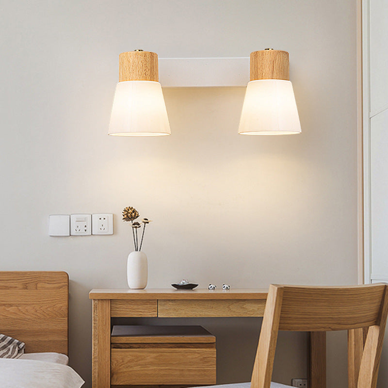 Modern Minimalist Rubberwood Glass Cone Rotatable 1/2 Light Wall Sconce Lamp For Living Room &amp; Bedroom