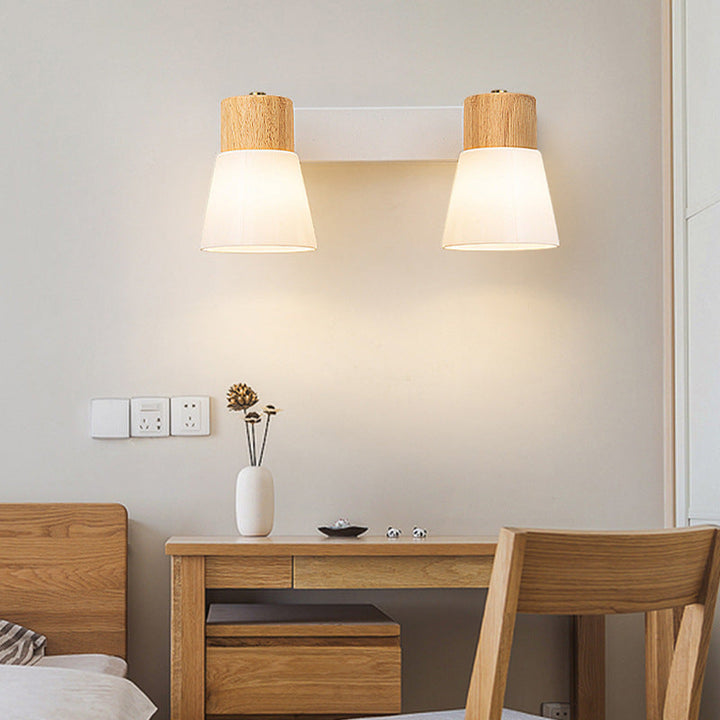 Modern Minimalist Rubberwood Glass Cone Rotatable 1/2 Light Wall Sconce Lamp For Living Room &amp; Bedroom
