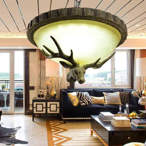 Vintage Country Deer Head Dome Resin LED Flush Mount Ceiling Light