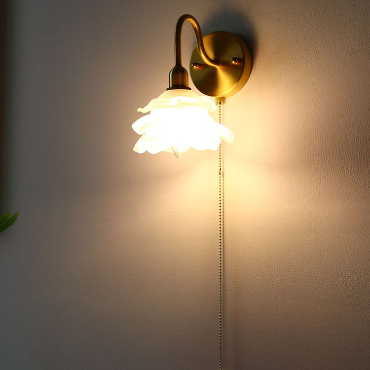 Japanese Minimalist Floral Frosted Glass 1-Light Pull Cord Wall Sconce Lamp