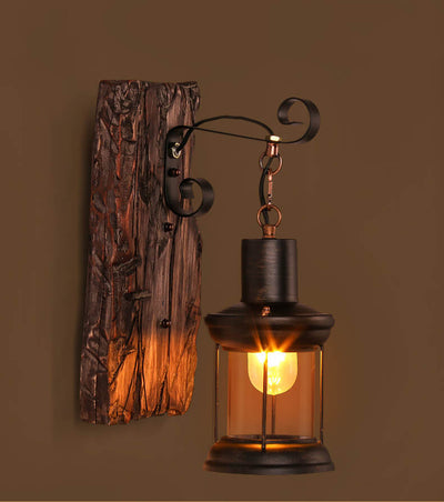 Glass Iron Wooden Base 1-Light Cylinder Sconce Lamp