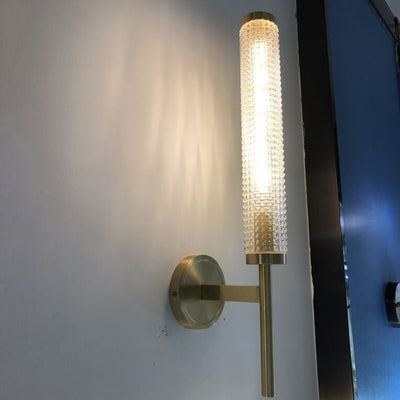 Modern Luxury Brass Crystal Long Column Straight Arm LED Wall Sconce Lamp