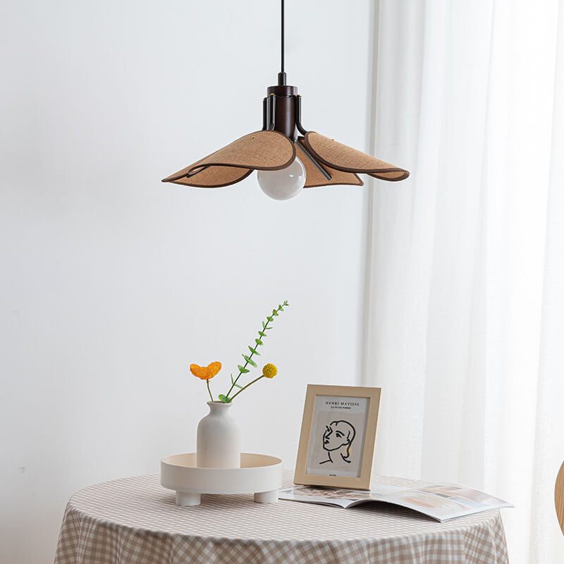 Japanese Solid Wood Fabric Leaf 1-Light Pendant Light