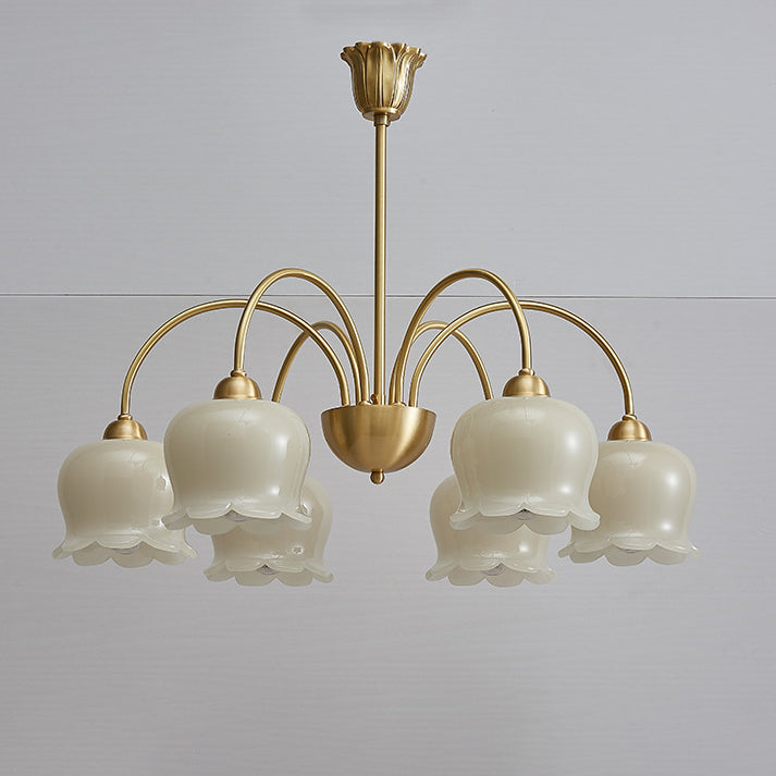 Lámpara de araña de vidrio de cobre con diseño floral crema tradicional francesa de 5/6/8 luces para sala de estar 