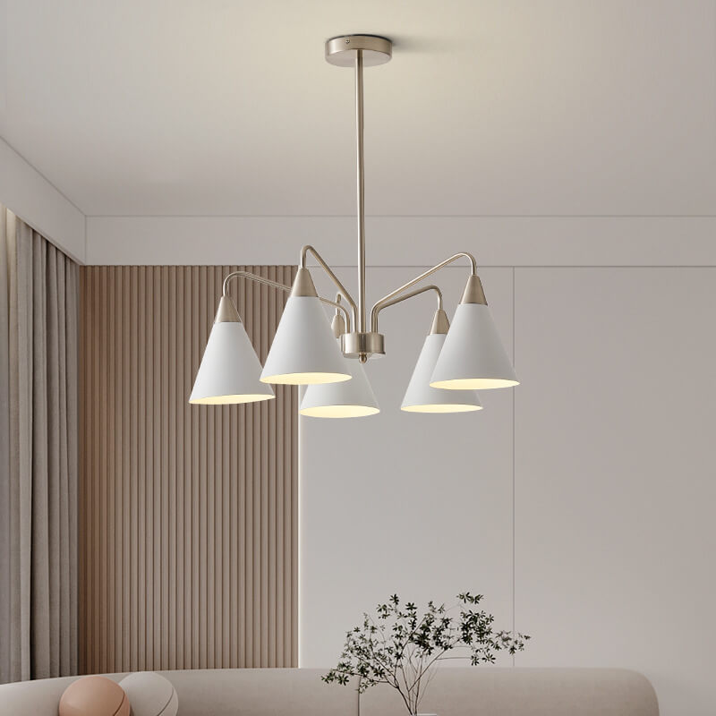 Modern Minimalist Cone Shade Sand Nickel Branch Iron 3/5 Light Chandelier for Living Room