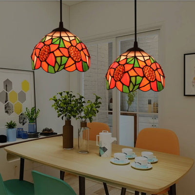 European Tiffany Sunflower Dome Stained Glass 1-Light Pendant Light