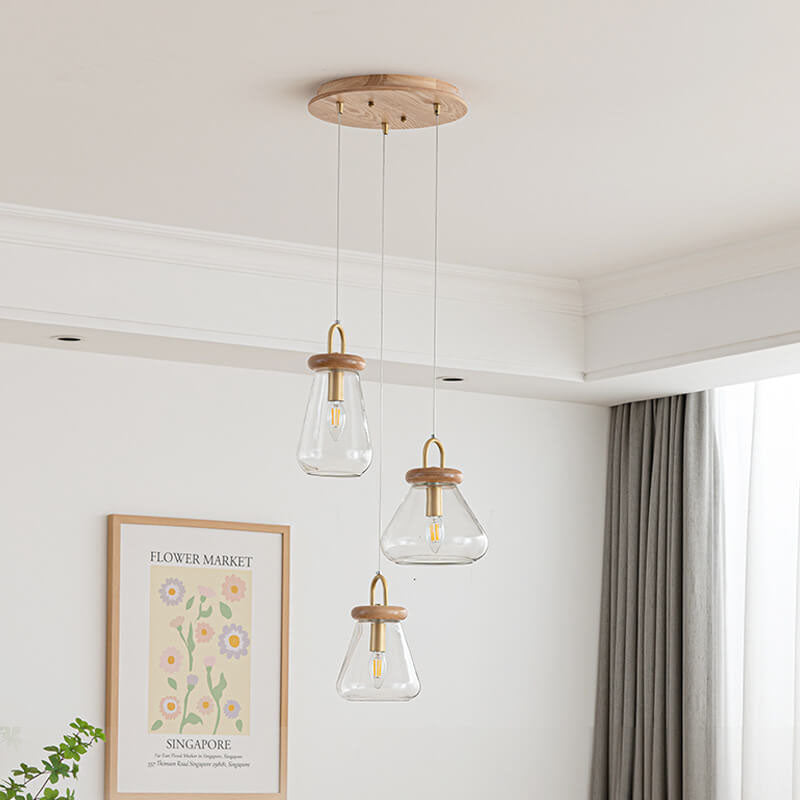 Moderne nordische runde Inselleuchte aus Glas und Holz mit 1/3-flammigem Kronleuchter-Design für das Wohnzimmer 