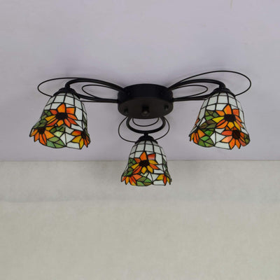 Tiffany Rustikale Sonnenblumen-Buntglas-Glockenschirm-Deckenleuchte mit 3 Leuchten, halbbündige Montage 