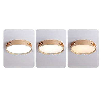 Modern Minimalist Solid Wood Round Leather Design LED Flush Mount Ceiling Light