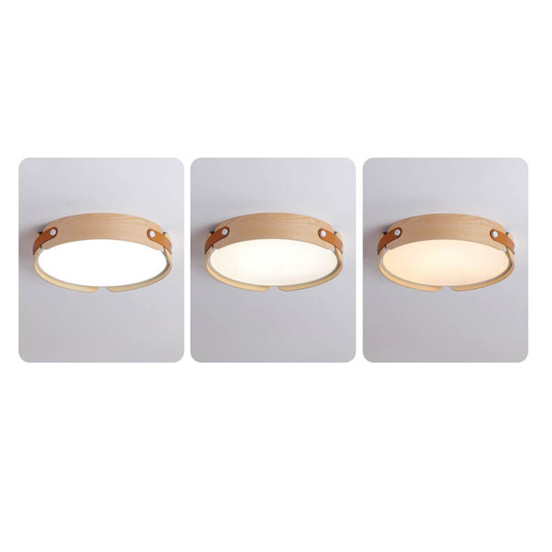 Modern Minimalist Solid Wood Round Leather Design LED Flush Mount Ceiling Light
