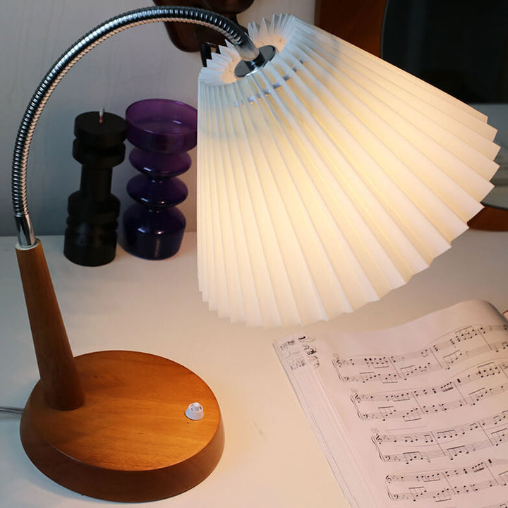 Lámpara de mesa de 1 luz con base de madera maciza plisada vintage francesa y brazo curvado 