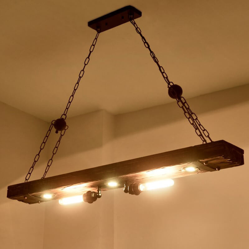 Lámpara de araña rectangular de madera y hierro industrial retro de 5 luces para isla 