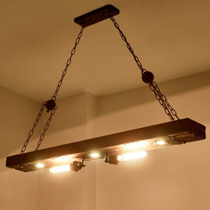 Lámpara de araña rectangular de madera y hierro industrial retro de 5 luces para isla 