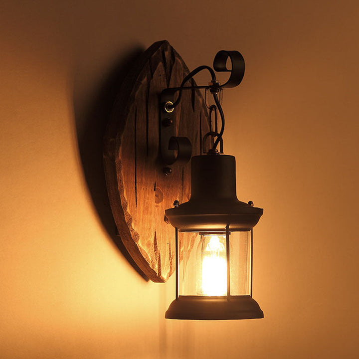 Traditional Farmhouse Wood Disc Iron Shade 1-Light Wall Sconce Lamp For Dining Room