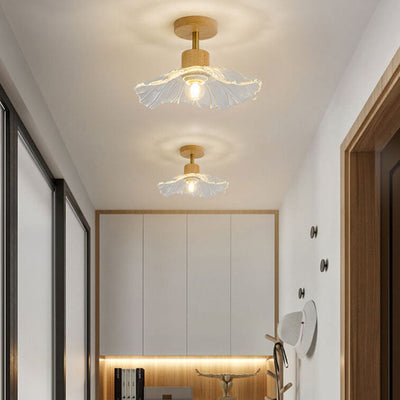 Modern Art Deco Wooden Frame Flower Glass Shade 1-Light Semi-Flush Mount Ceiling Light For Hallway