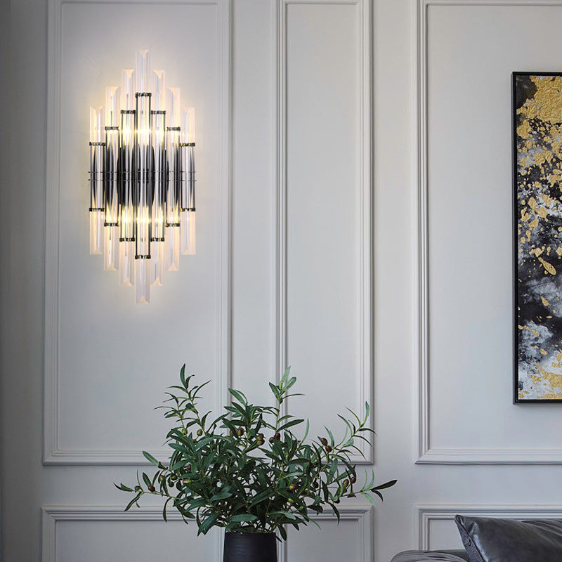 Modern Luxury Crystal Hardware Geometric Column Rechargeable 2-Light Wall Sconce Lamp For Living Room &amp; Bedroom