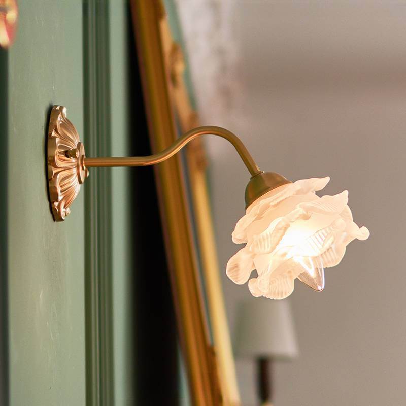 Japanese Vintage Rose Glass Brass 1-Light Wall Sconce Lamp