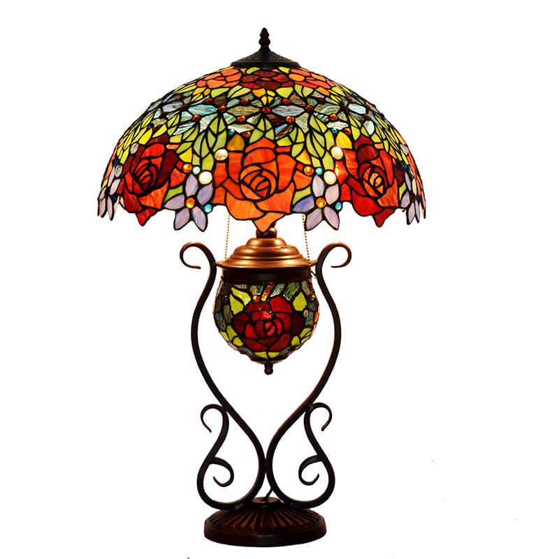 Lampe de table à 3 lumières avec base en dentelle et verre coloré Tiffany rose de style européen 