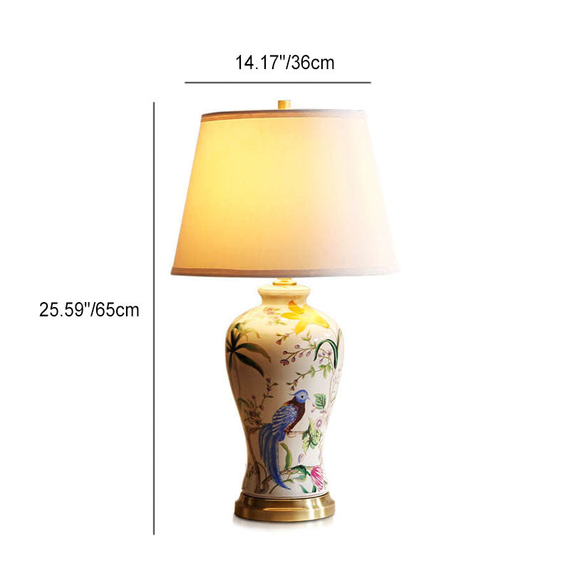 Traditional Chinese Bird &amp; Flower Painted Ceramic Base Fabric Shade 1-Light Table Lamp For Home Office