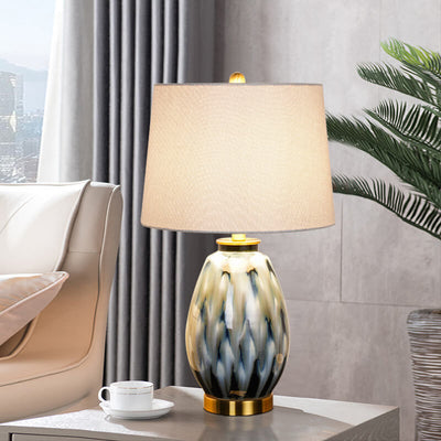 Lampe de table à 1 lumière avec base en céramique motif d'eau en tissu de luxe moderne 