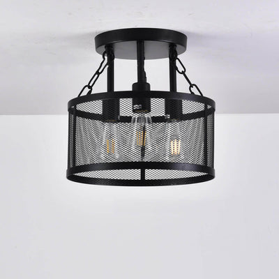 Industrial Vintage Round Grid Iron 3-Light Semi-Flush Mount Ceiling Light