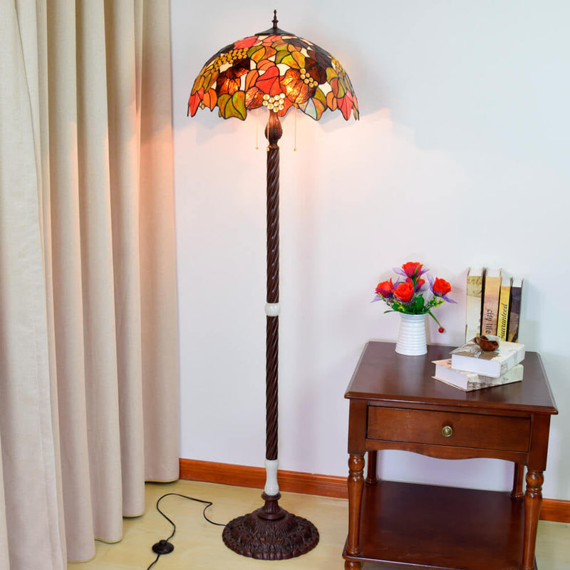 Tiffany Vintage Colorful Leaf Pattern Glass 3-Light Standing Floor Lamp