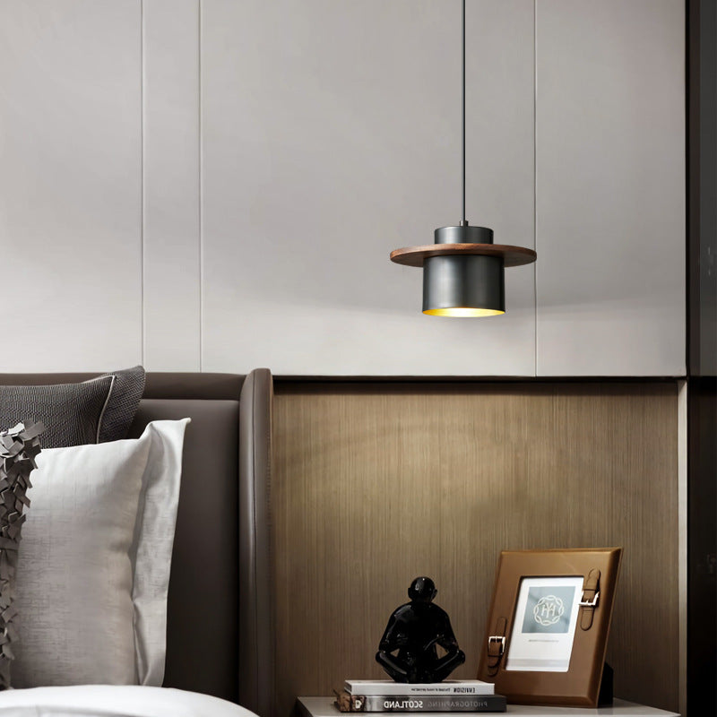 Contemporary Nordic Cylindrical Walnut Copper 1-Light Pendant Light For Living Room &amp; Bedroom
