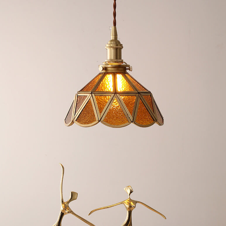 Contemporary Nordic Water Pattern Glass Copper Geometric Cone Brass 1-Light Pendant Light For Living Room