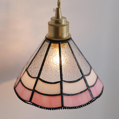Japanese Vintage Pink Striped Cone Glass 1-Light Pendant Light