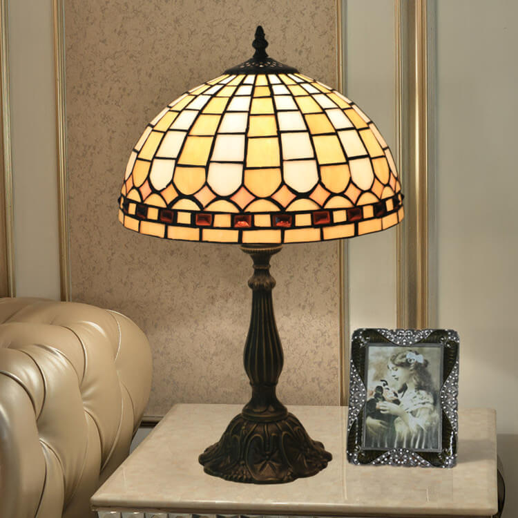 European Tiffany Yellow Plaid Stained Glass Dome 1-Light Table Lamp