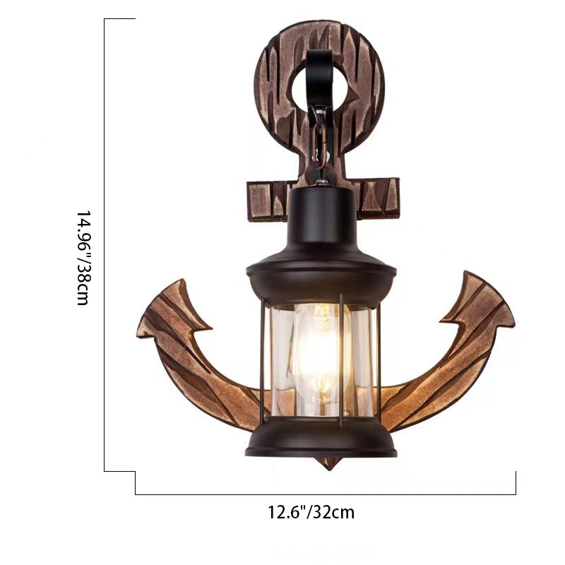 Traditional Vintage Distressed Wood Boat Anchor Cylindrical Glass Shade 1-Light Wall Sconce Lamp For Entertainment Room