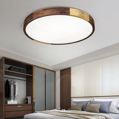 Modern Chinese Walnut Solid Wood Round Square Geometry LED Flush Mount Ceiling Light