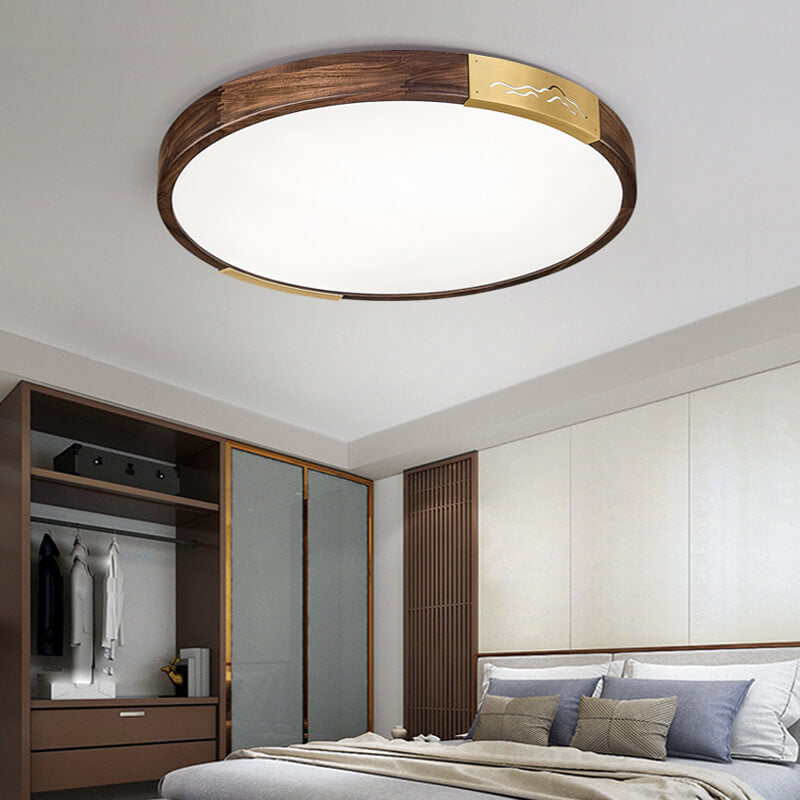 Moderne LED-Deckenleuchte mit runder quadratischer Geometrie aus massivem chinesischem Nussbaumholz 