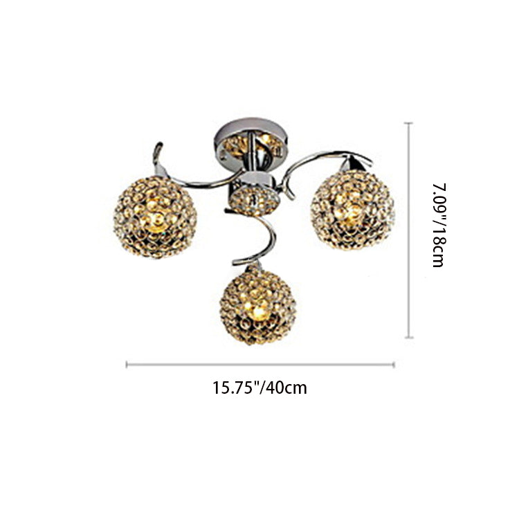 Modern Art Deco Round Hollowed Out Orb Iron Crystal 3-Light Semi-Flush Mount Ceiling Light For Living Room