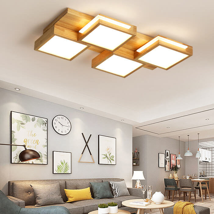 Nordic Simple Solid Wood Square LED Flush Mount Light