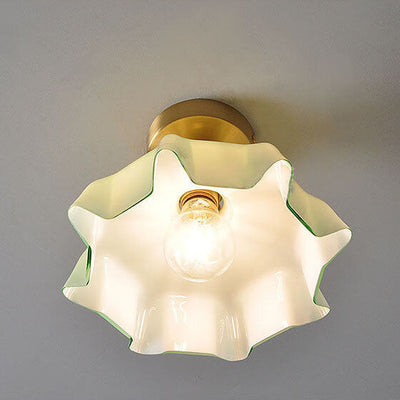 Japanese Vintage Cream Glass Floral Brass 1-Light Semi-Flush Mount Ceiling Light