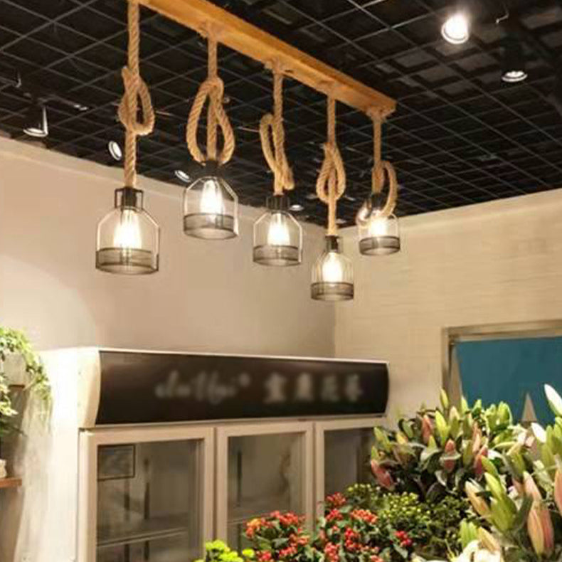 Lámpara de araña para isla de 3/5 luces estilo industrial contemporáneo con cuerda de cáñamo, bloques de madera, hierro y diseño de farol de cordel para salón 