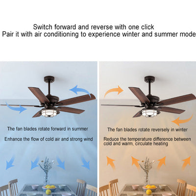 Contemporary Industrial Waterproof Wood Fan Blade Round Iron Frame Shade LED Downrods Ceiling Fan Light For Outdoor Patio