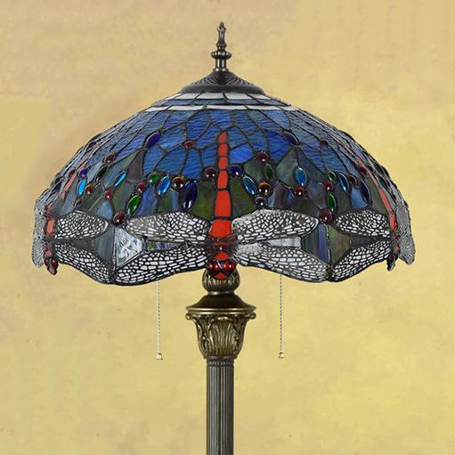 Vintage Tiffany Stained Glass Blue dragonfly 2-Light Standing Floor Lamp