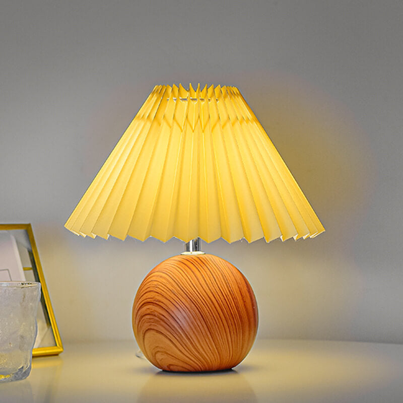 Nordic Vintage Pleated Wood Ball Base LED Table Lamp