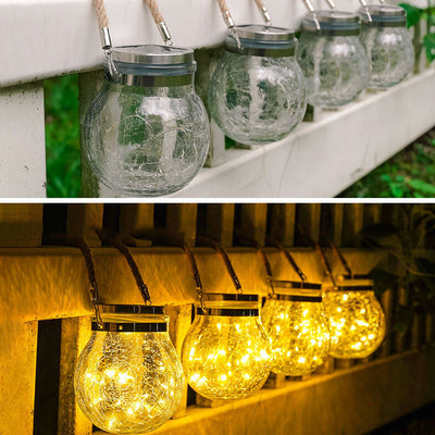 Solar Crackle Round Glass Jar LED Outdoor Garden Decorative Light