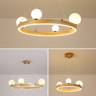 Nordic Minimalist Wood Circle Glass Ball 3/4 Light Chandelier