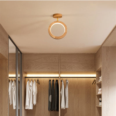 Nordic Minimalist Solid Wood Circle Ring LED Semi-Flush Mount Ceiling Light