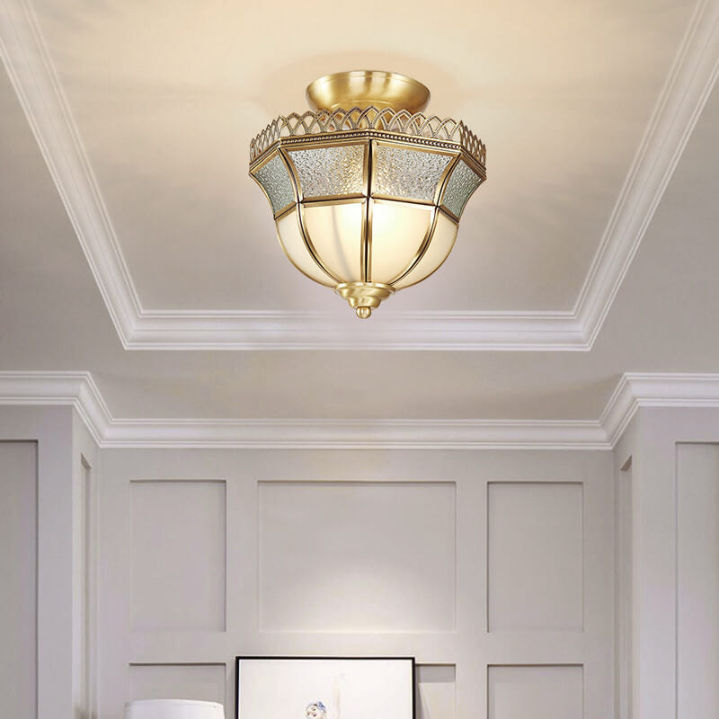 Modern Luxury Glass Brass Bowl Shape Lace Design 1-Light Semi-Flush Mount Ceiling Light