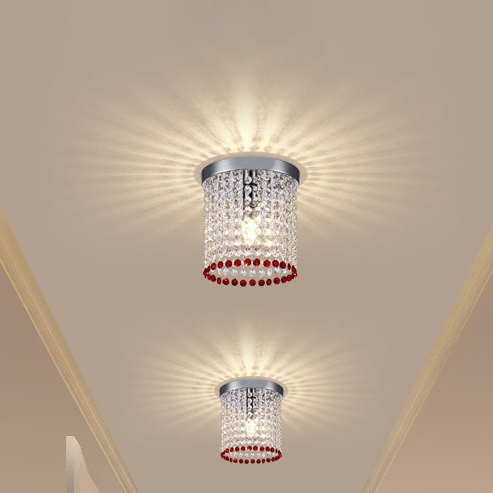 Modern Minimalist Crystal Bead Curtain Round 1-Light Semi-Flush Mount Ceiling Light For Hallway