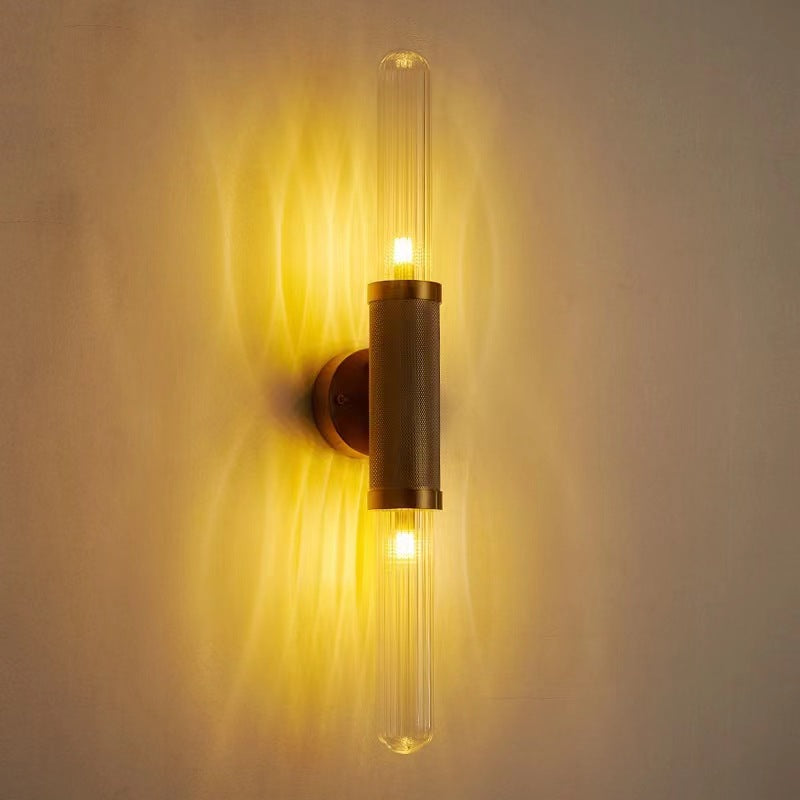 European Retro Long Tube Iron Aluminum Glass 2-Light Wall Sconce Lamp