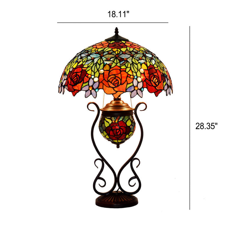 Lampe de table à 3 lumières avec base en dentelle et verre coloré Tiffany rose de style européen 