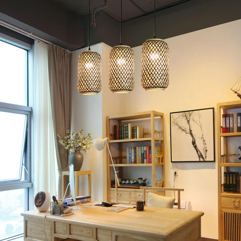 Lámpara colgante lineal de 3 luces con columna de bambú y hierro, estilo moderno minimalista, para comedor 